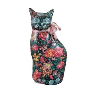 Vintage Floral Chintz Cat Figurine Paper wrapped Porcelain Grandmacore 8.5"